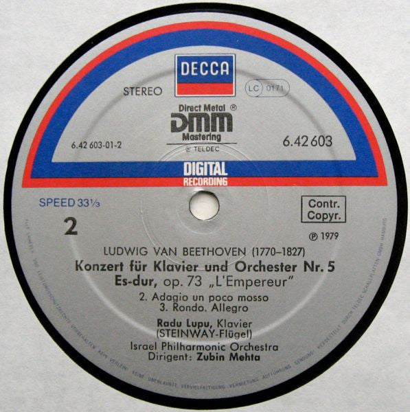 Ludwig van Beethoven, Radu Lupu, Israel Philharmonic Orchestra, Zubin Mehta : Klavierkonzert Nr. 5 Es-dur, Op. 73 (LP)