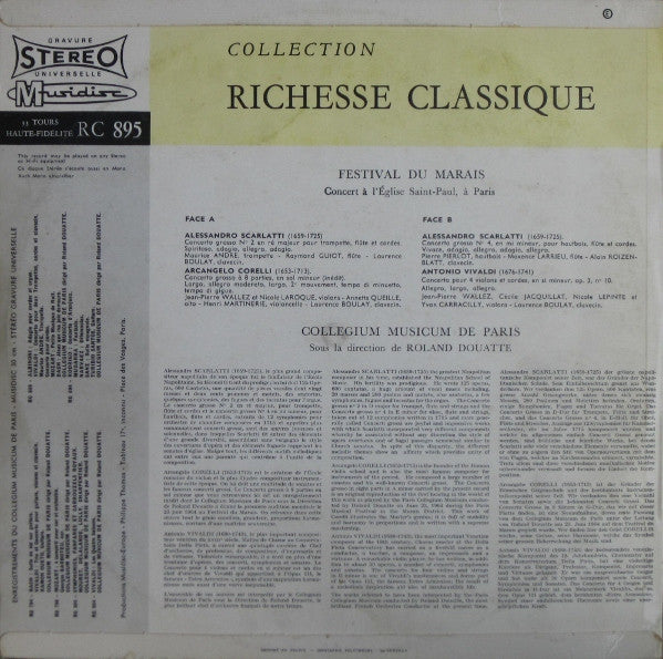 Alessandro Scarlatti - Arcangelo Corelli - Antonio Vivaldi / Maurice André - Collegium Musicum De Paris Direction Roland Douatte : Festival Du Marais (LP, RE)