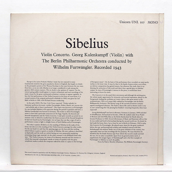 Jean Sibelius, Georg Kulenkampff, Berliner Philharmoniker, Wilhelm Furtwängler : Violin Concerto (Recorded 1943) (LP, Mono)