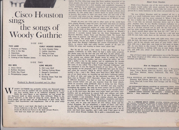 Cisco Houston : Cisco Houston Sings The Songs Of Woody Guthrie (LP, Album, Mono)
