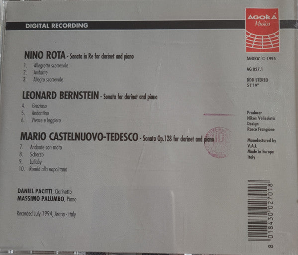 Daniel Pacitti, Massimo Palumbo, Nino Rota, Leonard Bernstein, Mario Castelnuovo-Tedesco : Sonates For Clarinet & Piano (CD, Album)
