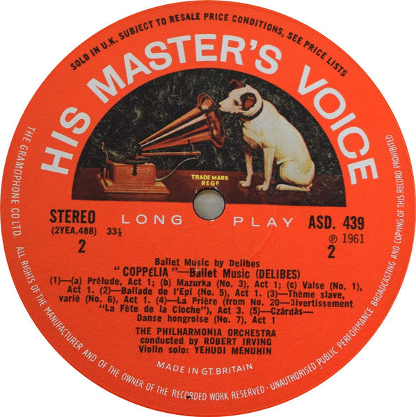 Léo Delibes / Yehudi Menuhin, Philharmonia Orchestra, Robert Irving (2) : Excerpts From Sylvia And Coppelia (LP, RE)