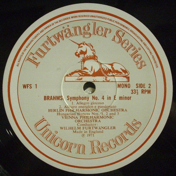Johannes Brahms, Wilhelm Furtwängler, Berliner Philharmoniker, Wiener Philharmoniker : Furtwängler Conducts Brahms - Symphony No. 4 In E Minor / Hungarian Dances 1,2 And 3 (LP, Comp, Mono)