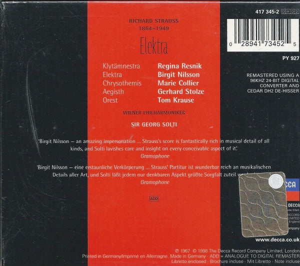 Richard Strauss - Birgit Nilsson, Regina Resnik · Marie Collier · Tom Krause, Wiener Philharmoniker, Georg Solti : Elektra (2xCD, Album, RE, RM + Box)