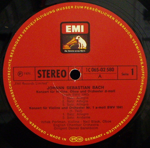 Johann Sebastian Bach - Itzhak Perlman, Daniel Barenboim, Neil Black (3), English Chamber Orchestra : Violinkonzerte d-moll • Nr. 1 a-moll • Konzert Für Violine Und Oboe d-moll (LP, Album)
