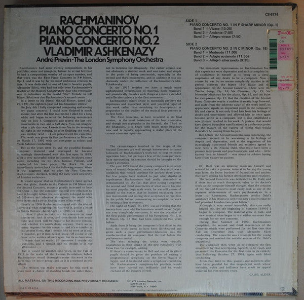 Sergei Vasilyevich Rachmaninoff, Vladimir Ashkenazy, André Previn, London Symphony Orchestra : Piano Concerto No.2 / Piano Concerto No.1 (LP, Comp, RE)