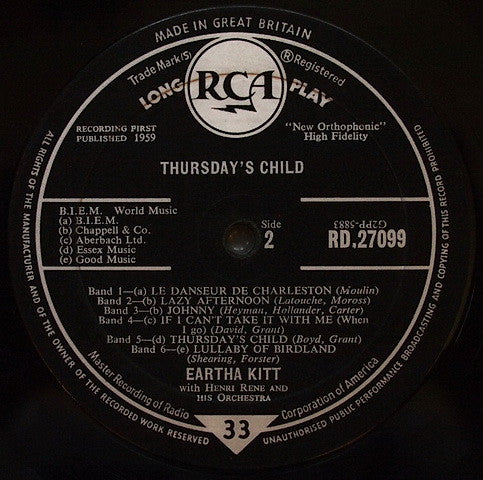Eartha Kitt With Henri René And His Orchestra : Thursday's Child (LP, Album, Mono, RE)
