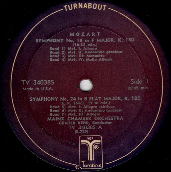Wolfgang Amadeus Mozart, Günter Kehr : Symphony No. 18 In F Major, K.130 / Symphony No. 19 In E Flat Major, K.132 / Symphony No. 24 In B Flat Major, K.182 (E.K.166c) (LP, Album)
