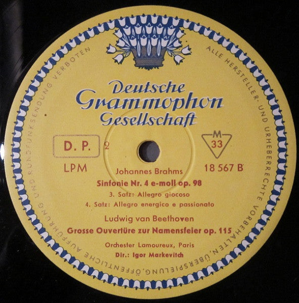 Johannes Brahms, Ludwig van Beethoven, Orchestre Des Concerts Lamoureux, Igor Markevitch : Sinfonie Nr. 4 E-Moll Op. 98, Ouvertüre Zur "Namensfeier" Op. 115 (LP, Mono)