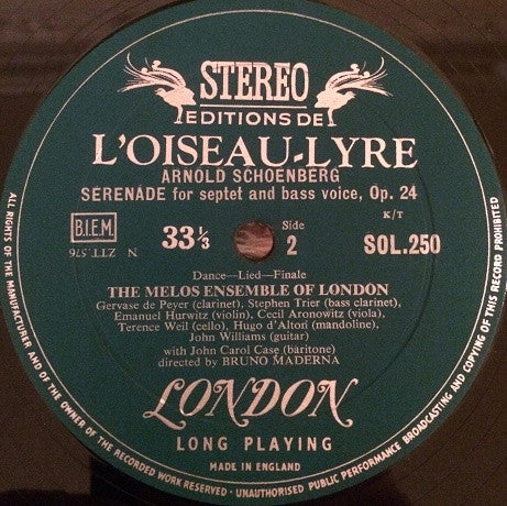 Arnold Schoenberg / Melos Ensemble Of London Conducted By Bruno Maderna : Serenade For Septet And Bass Voice (LP)