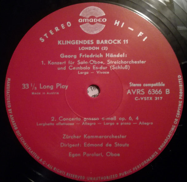 Edmond De Stoutz, Zürcher Kammerorchester, Egon Parolari, Georg Friedrich Händel : Klingendes Barock 11 - London (2) (LP)