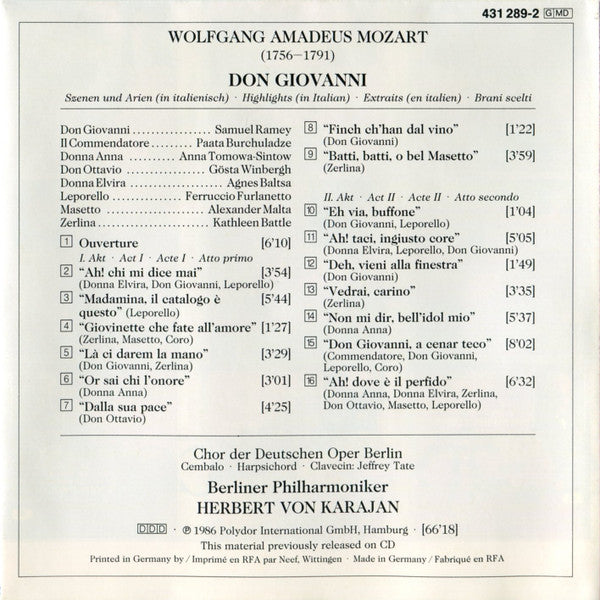 Wolfgang Amadeus Mozart / Berliner Philharmoniker, Herbert von Karajan : Don Giovanni "Szennen Und Arien" (CD)