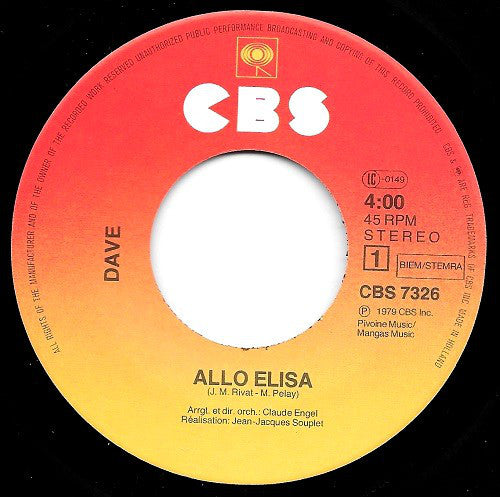 Dave (13) : Allo Elisa (7", Single)