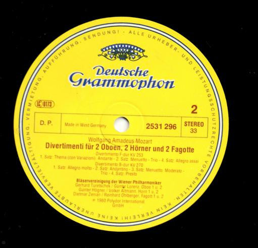 Wolfgang Amadeus Mozart - Bläservereinigung Der Wiener Philharmoniker : Divertimenti (LP)