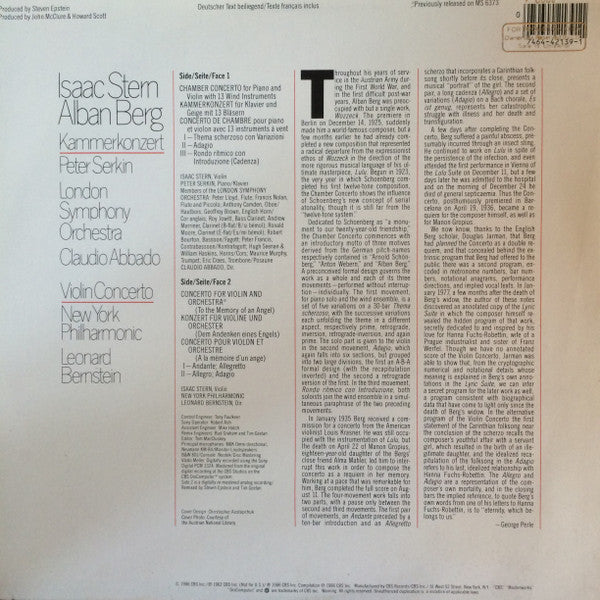 Alban Berg / Isaac Stern - London Symphony Orchestra - Peter Serkin - Leonard Bernstein, New York Philharmonic : Kammerkonzert - Violin Concerto (LP, RM)