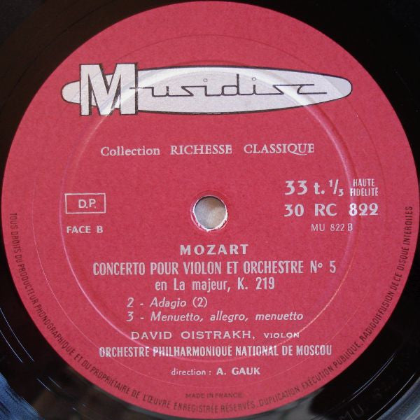 Wolfgang Amadeus Mozart, David Oistrach, Moscow Philharmonic Orchestra , Dir. Alexander Gauk : Concerto Pour Violon Et Orchestre N° 5 En La Majeur K 219 (LP, Mono)