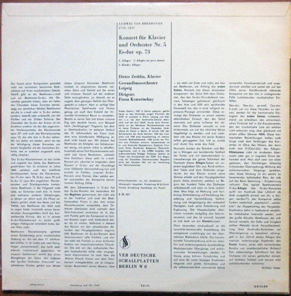 Ludwig van Beethoven, Dieter Zechlin, Gewandhausorchester Leipzig, Kurt Sanderling : Konzert Für Klavier Und Orchester Nr. 5 Es-dur Op. 73 (LP, Mono)
