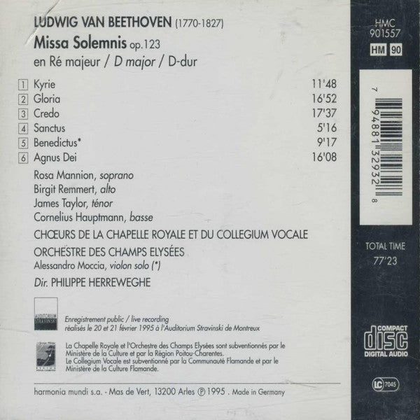 Ludwig van Beethoven – Rosa Mannion, Birgit Remmert, James Taylor (5), Cornelius Hauptmann, La Chapelle Royale, Collegium Vocale, Orchestre Des Champs Elysées, Philippe Herreweghe : Missa Solemnis (CD, Album)