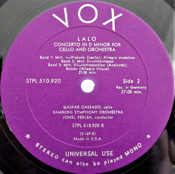 Édouard Lalo / Camille Saint-Saëns / Gabriel Fauré - Gaspar Cassadó, Bamberger Symphoniker, Jonel Perlea : Concertos For Cello / Elegie (LP)