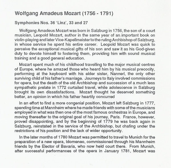 Wolfgang Amadeus Mozart, Capella Istropolitana, Barry Wordsworth : Symphony No. 36 'Linz' / Symphonies Nos. 33 And 27 (CD)