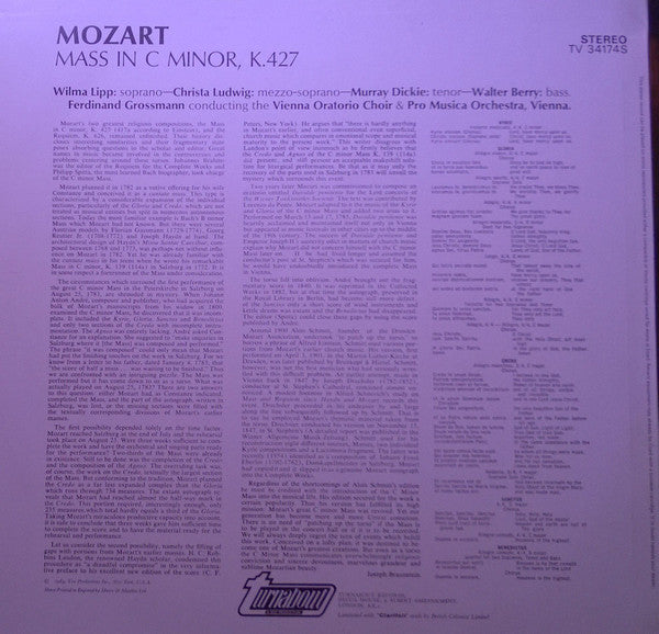 Wolfgang Amadeus Mozart, Wilma Lipp, Christa Ludwig, Murray Dickie, Walter Berry, Vienna Pro Musica Orchestra, Vienna Oratorio Choir, Ferdinand Grossmann : Mass In C Minor, K. 427 (LP)