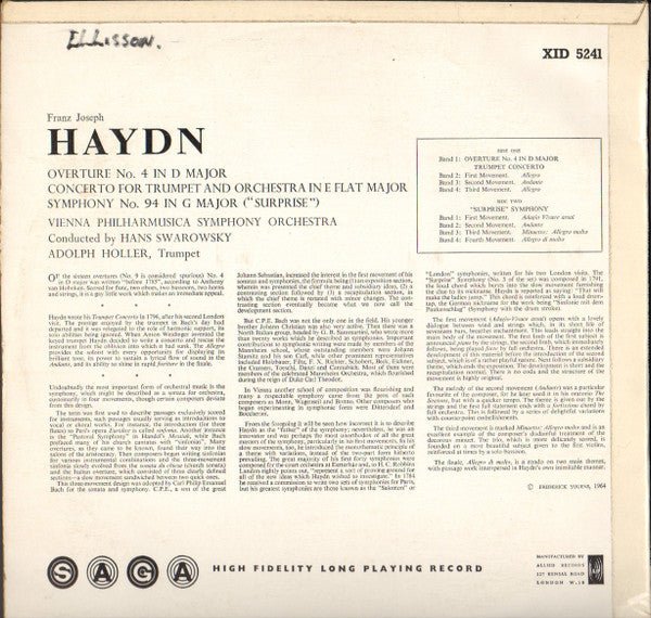 Joseph Haydn, Vienna Philharmusica Symphony Orchestra, Hans Swarowsky, Adolf Holler : Overture No.4 In D Major / Symphony No. 94 In G Major "The Surprise" / Trumpet Concerto In E Flat Major (LP)