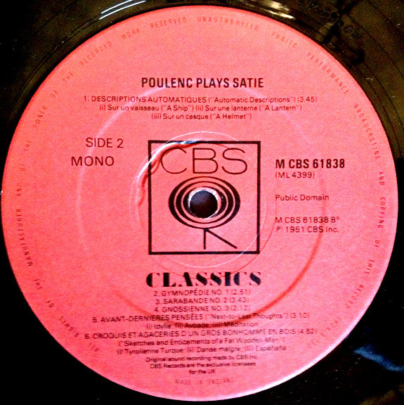 Francis Poulenc, Erik Satie : Poulenc Plays Poulenc And Satie (LP, Album, Mono)