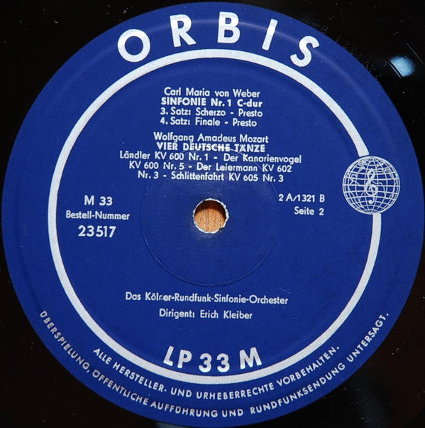 Carl Maria von Weber : Wolfgang Amadeus Mozart, Erich Kleiber, Kölner Rundfunk-Sinfonie-Orchester : Sinfonie Nr. 1 C-dur / Vier Deutsche Tänze (10", Mono)