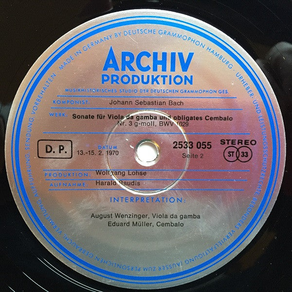 Johann Sebastian Bach, August Wenzinger, Eduard Müller : 3 Sonaten Für Viola Da Gamba Und Obligates Cembalo, BWV 1027-1029 (LP)