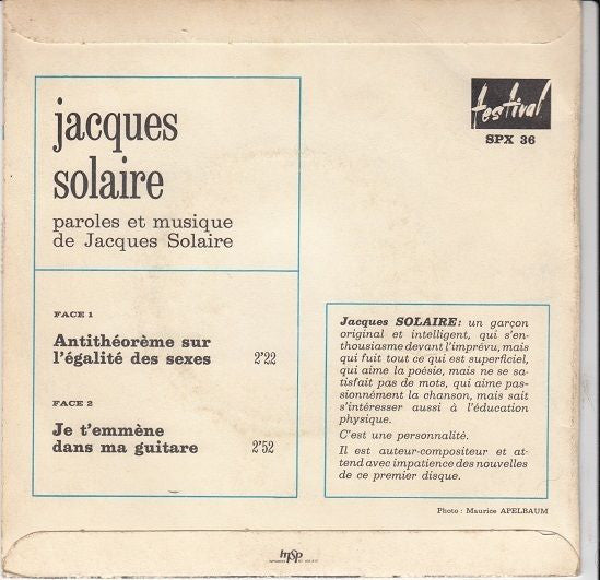 Jacques Solaire : Antithéorème Sur L’Égalité Des Sexes / Je T’Emmène Dans Ma Guitare (7", Single)