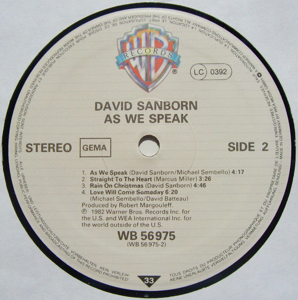 David Sanborn : As We Speak (LP, Album)