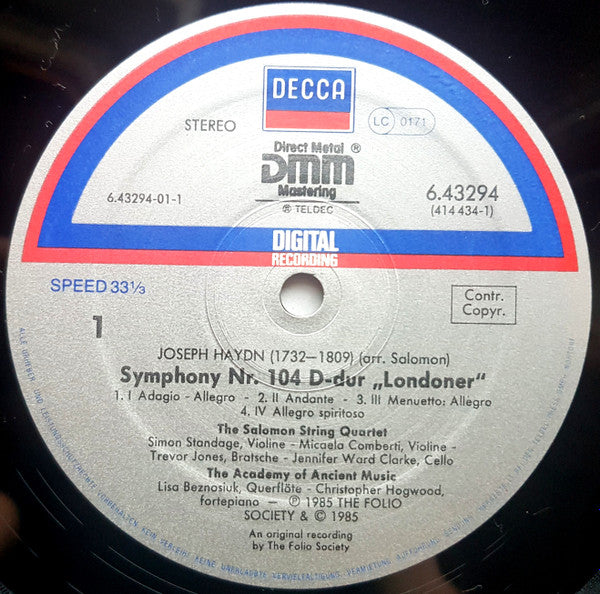 Joseph Haydn, The Salomon Quartet, Lisa Beznosiuk, Christopher Hogwood : Symphonies 100 & 104 (LP)