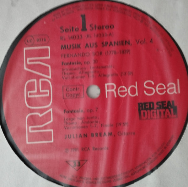 Julian Bream - Fernando Sor, Dionisio Aguado : Music Of Spain, Vol. 4: The Classical Heritage (LP, Album, Dig)