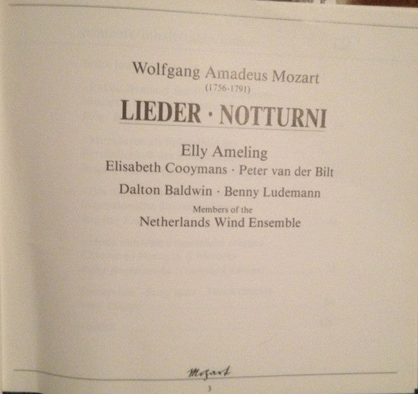 Wolfgang Amadeus Mozart - Elly Ameling, Elisabeth Cooymans, Peter van der Bilt, Dalton Baldwin, Benny Ludemann, Nederlands Blazers Ensemble : Lieder • Notturni (2xCD, Comp, RM + Box, Sli)