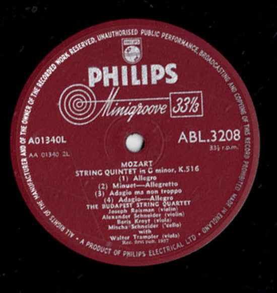 Budapest String Quartet, Walter Trampler : Mozart String Quintets Nos. 515 & 516 (LP, Mono)