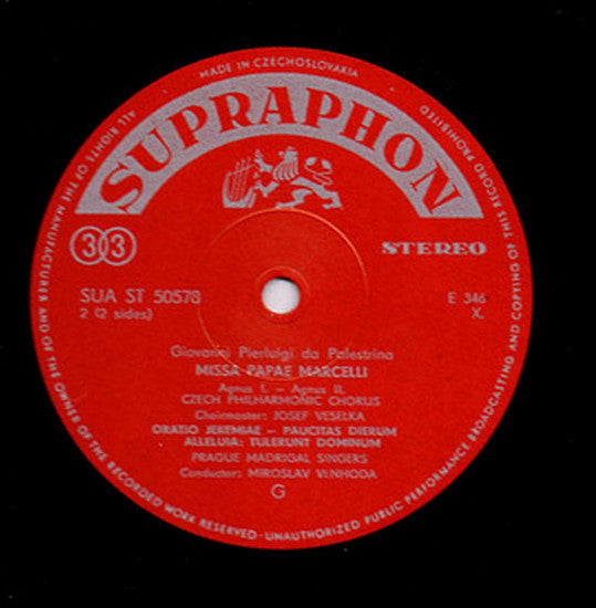 Giovanni Pierluigi da Palestrina, Czech Philharmonic Chorus, Josef Veselka, Prague Madrigal Singers, Miroslav Venhoda : Missa Papae Marcelli (LP)