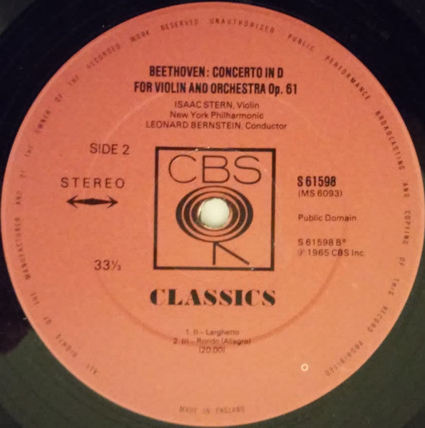 Ludwig van Beethoven, Isaac Stern, Leonard Bernstein, New York Philharmonic : Violin Concerto In D Major (LP, RE)