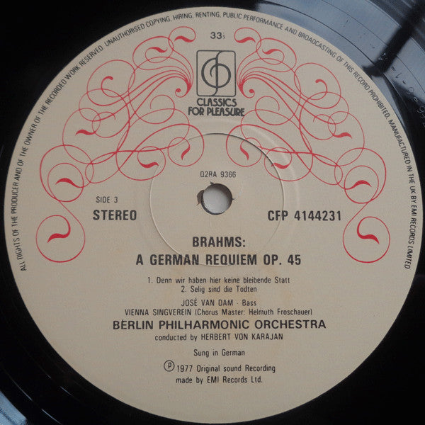 Johannes Brahms - Herbert Von Karajan, Anna Tomowa-Sintow, José Van Dam, Wiener Singverein, Berliner Philharmoniker : A German Requiem (2xLP)