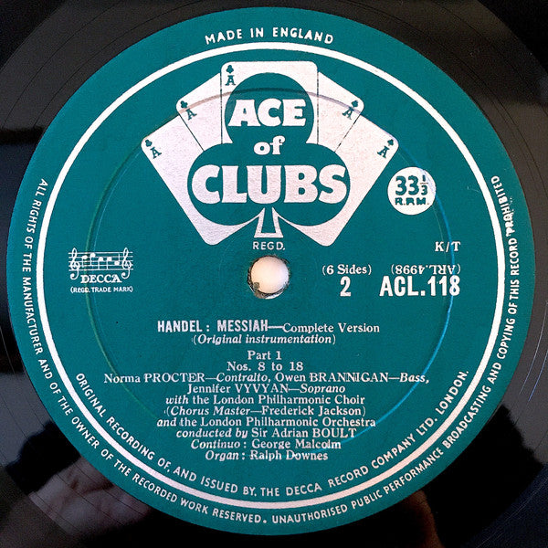 Georg Friedrich Händel - Jennifer Vyvyan, Norma Procter, George Maran, Owen Brannigan, London Philharmonic Choir, London Philharmonic Orchestra, Sir Adrian Boult : Messiah Record 1 (LP, Mono)