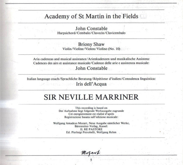 Wolfgang Amadeus Mozart - The Academy Of St. Martin-in-the-Fields, Sir Neville Marriner, Jerry Hadley, Angela Maria Blasi, Sylvia McNair, Iris Vermillion, Claes-Håkan Ahnsjö : Il Re Pastore (2xCD, Album + Box, Sli)
