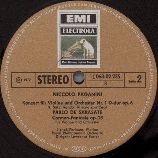 Niccolò Paganini / Pablo de Sarasate, Itzhak Perlman, Royal Philharmonic Orchestra, Lawrence Foster : Konzert Nr. 1 In D / Carmen Fantasie (LP)