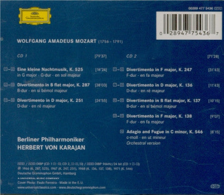 Wolfgang Amadeus Mozart - Berliner Philharmoniker, Herbert von Karajan : Divertimenti / Eine Kleine Nachtmusik / Adagio & Fugue (2xCD, Comp, RM)