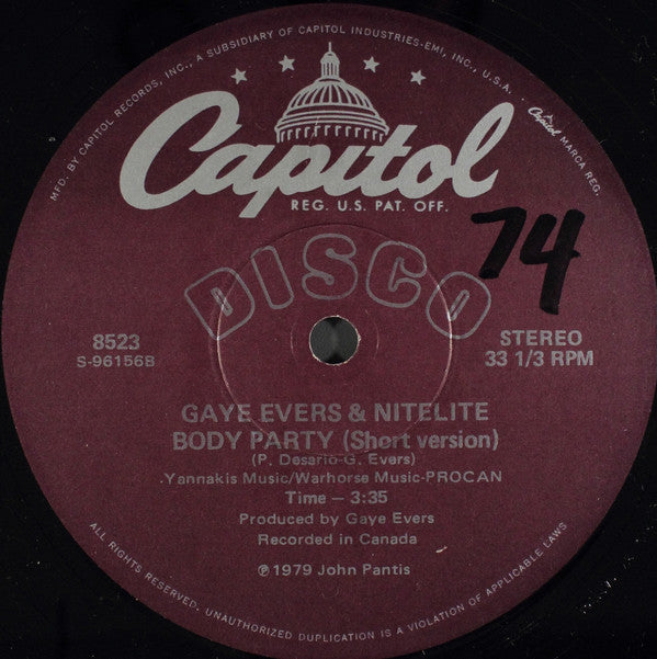 Gaye Evers & Nitelite : Body Party (12", Win)