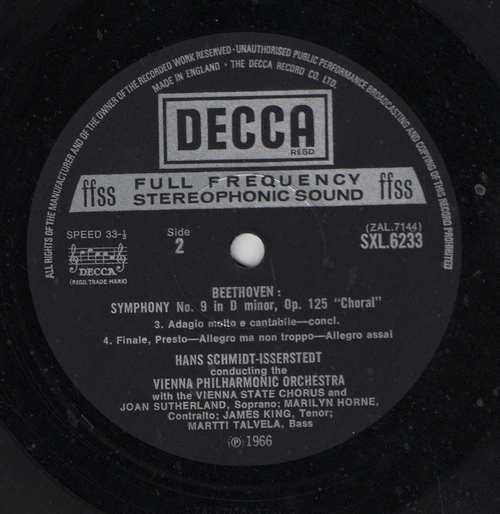 Ludwig van Beethoven, Joan Sutherland, Marilyn Horne, James King (3), Martti Talvela, Wiener Staatsopernchor, Hans Schmidt-Isserstedt, Wiener Philharmoniker : Symphony No 9 'Choral' (LP, RP)