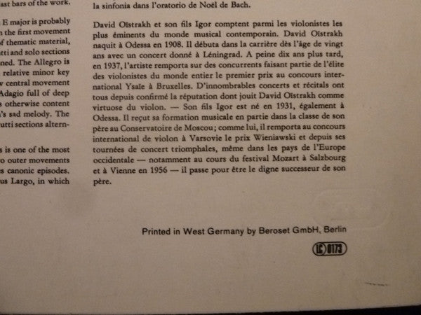 Johann Sebastian Bach, David Oistrach, Igor Oistrach : Violinkonzerte In A-moll Und E-Dur / Konzert Für Zwei Violinen In D-Moll (LP, RE)