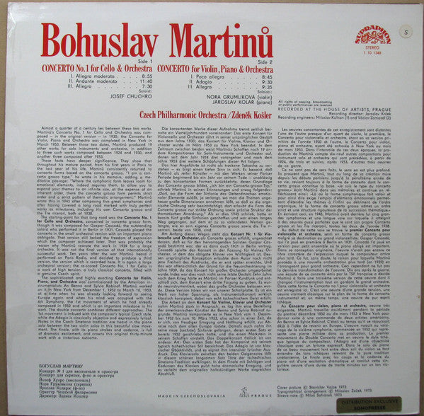 Bohuslav Martinů : Concerto No. 1 For Cello & Orchestra / Concerto For Violin, Piano & Orchestra (LP, RP)