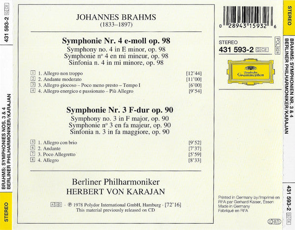 Johannes Brahms, Herbert von Karajan, Berliner Philharmoniker : Symphonien Nos. 3 & 4 (CD, Album, Comp, RE)