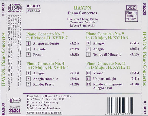 Joseph Haydn, Hae-won Chang, Camerata Cassovia, Robert Stankovsky : Piano Concertos (Nos. 4, 7, 9 And 11) (CD, Album)