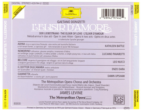 Gaetano Donizetti - Kathleen Battle · Luciano Pavarotti · Leo Nucci · Enzo Dara · Dawn Upshaw · Metropolitan Opera Chorus & The Metropolitan Opera House Orchestra · James Levine (2) : L'Elisir D'Amore (2xCD, Album, RE)