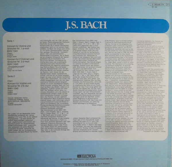 Johann Sebastian Bach / Yehudi Menuhin : Violinkonzerte A-moll BWV 1041 / E-dur BWV 1042 / "Doppelkonzert" D-moll BWV 1043 (LP, Album, RE)